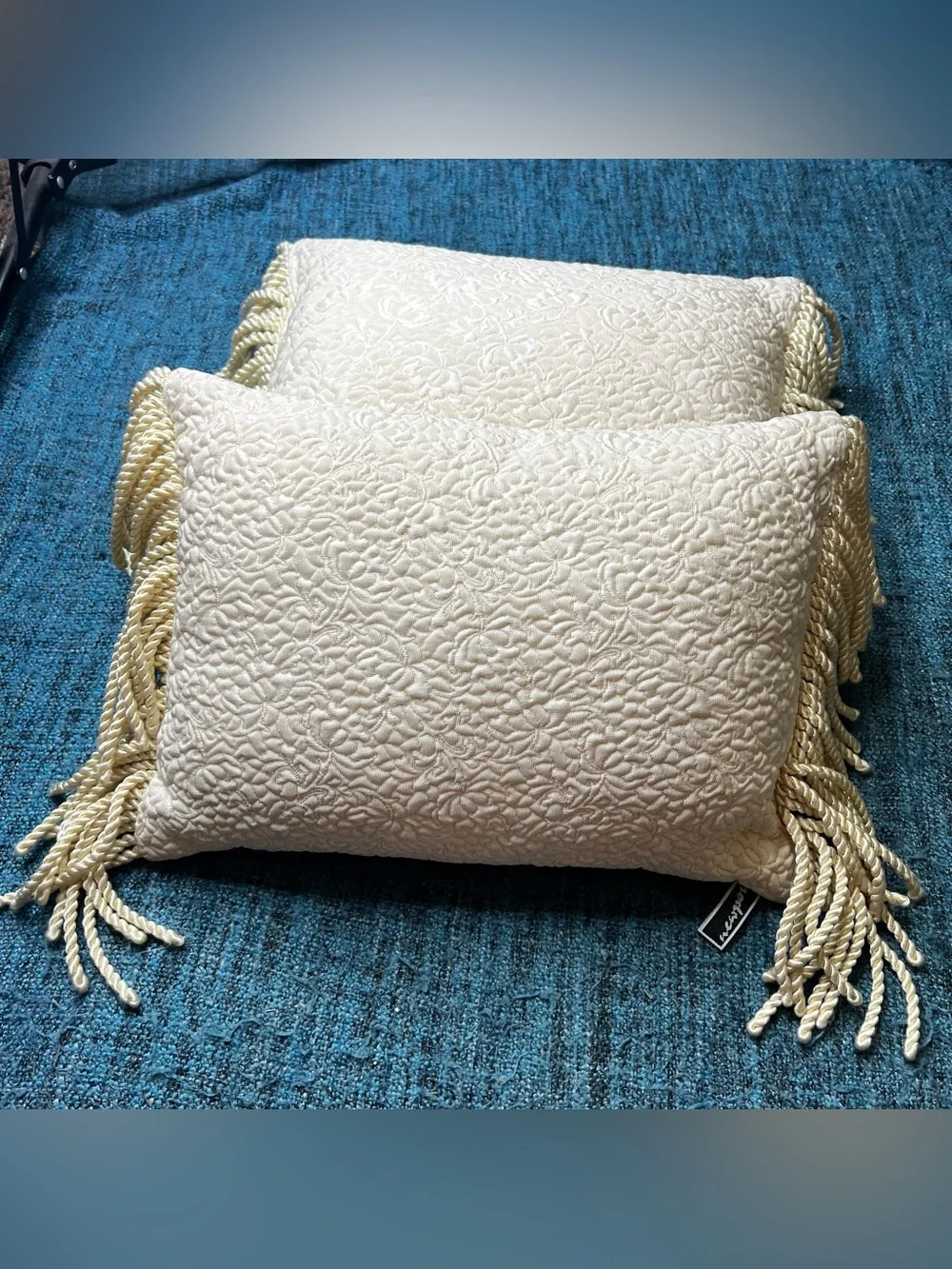 Vintage Newport Elegant Fringe Throw Pillows Set of 2 Ivory Floral Lumbar 15x11